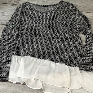 Hannah Black and White Patterned Top with Abstract Angled Ruffle Hem Large